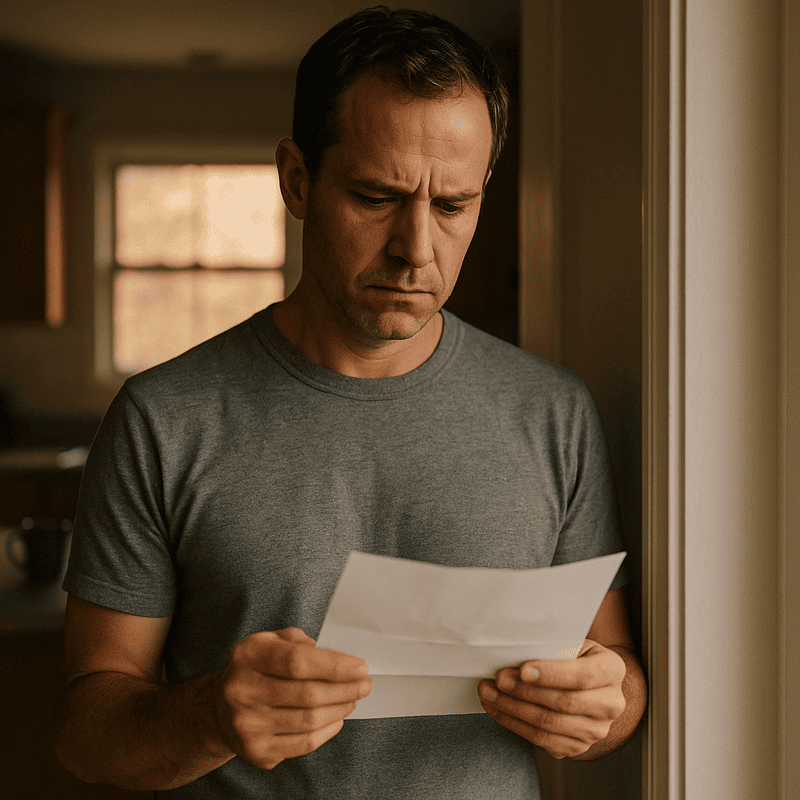 A parent reading an unexpected denial letter at home, looking concerned