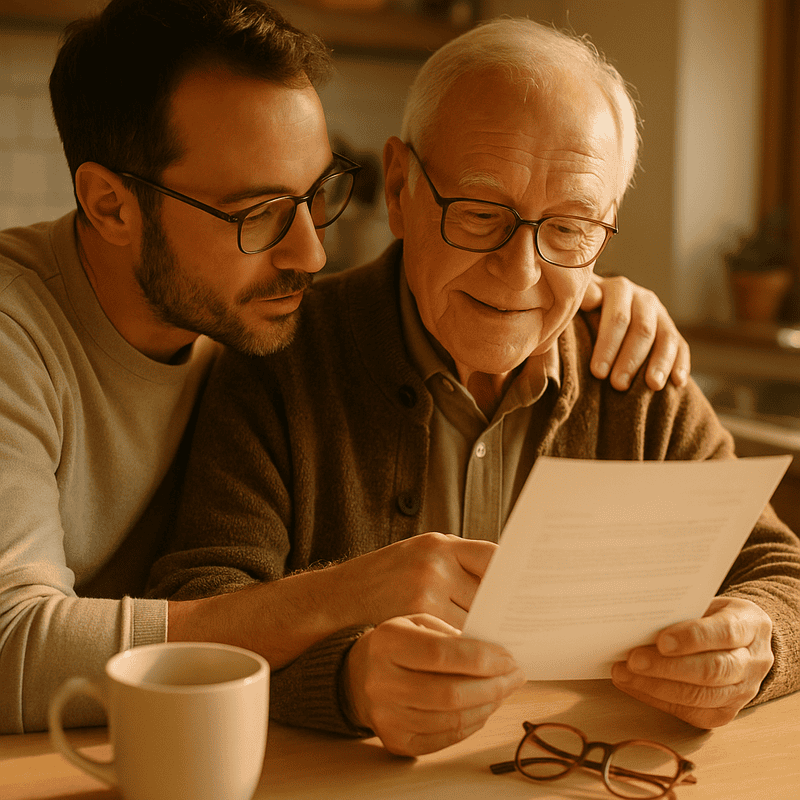 An adult son reviewing an insurance letter together with his elderly father at the kitchen table